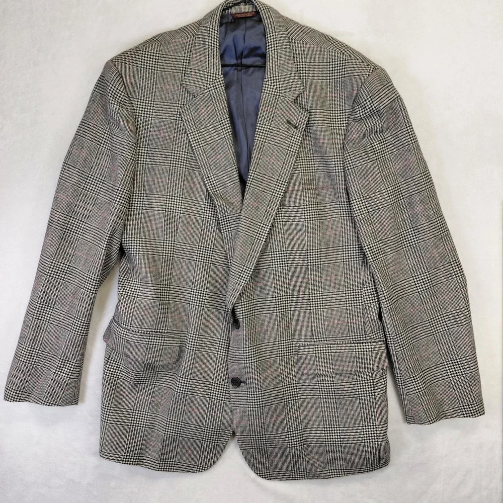 Lands End Vintage Mens 46L Glen Plaid Wool Blazer Grey Red Sport Coat USA Made